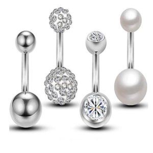 Stainless Steel Pearl Navel Ring Set 4pcs Belly Button Piercing Jewelry Dangle Curved Barbell