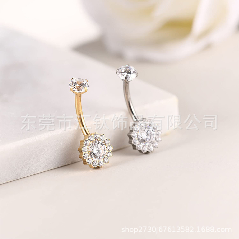 G23 Titanium Belly Button Ring Sunflower Inlaid Stone Cross Piercing Jewelry - Image 4