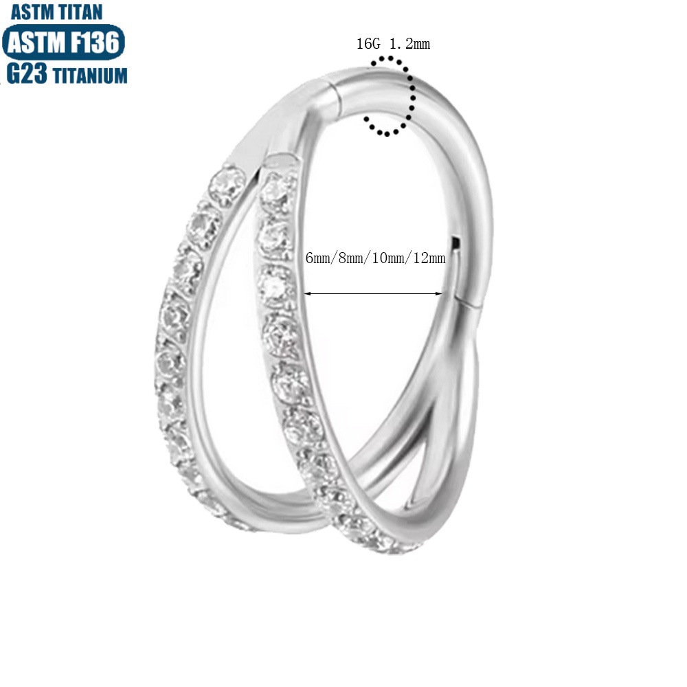 F136 Titanium Alloy Nose Ring Double Layer Septum Clicker Zircon Earring - Black, 1.2mm x 12mm - Image 4
