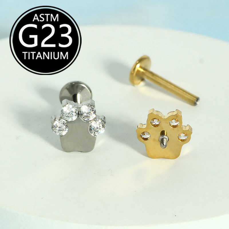 G23 Titanium Alloy Bear Paw Internal Thread Zircon-Inlaid Lip Stud and Ear Stud Body Piercing Jewelry - Image 2