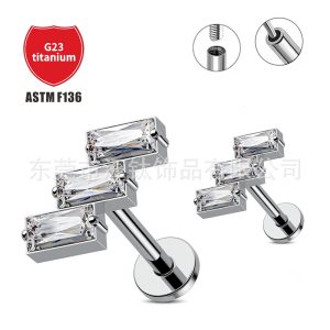 G23 Titanium Ear Bone Stud Square Inlaid Zircon Cross Body Piercing Jewelry