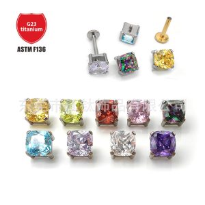 Titanium External Thread Rounded Square Labret Stud Lip Piercing Jewelry 5A Zircon