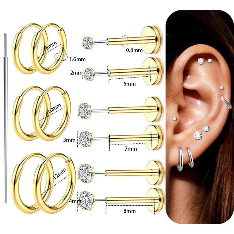 13-Piece Stainless Steel Classic Pin Style Zirconia Stud Ear Cartilage Studs Body Piercing Flat Bar Lip Studs Nose Studs - Image 5