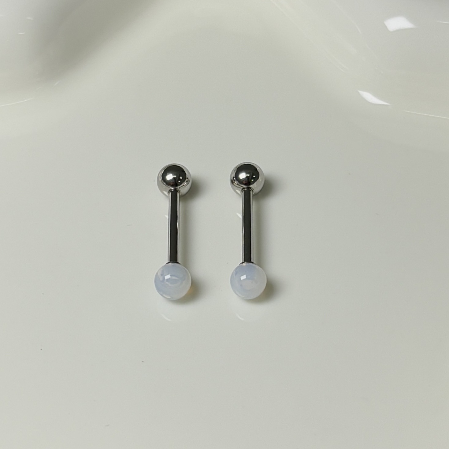 Milk White Opal Tongue Nail Steel Titanium External Thread Tongue Barbell Piercing Jewelry - Image 4