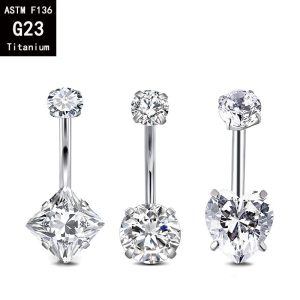 F136 Titanium Alloy Internally Threaded Navel Ring with 5A Zircon Ends - G23 Titanium Heart Rhombus Belly Button Ring