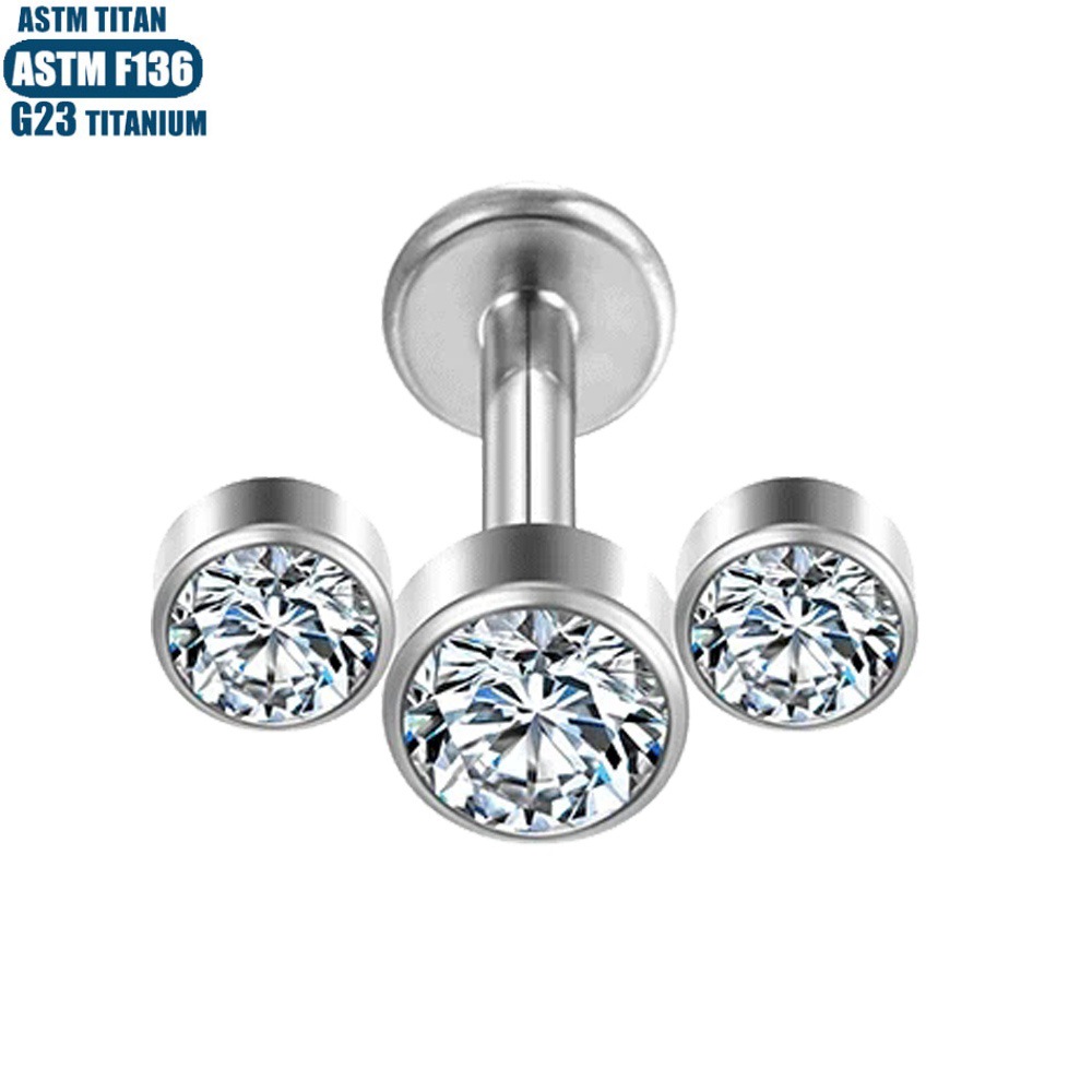 F136 Titanium Lip Stud Piercing with 3 Zircon Ear Bone Ring Internal Thread Teardrop Small Ear Stud Women Earrings - Image 3