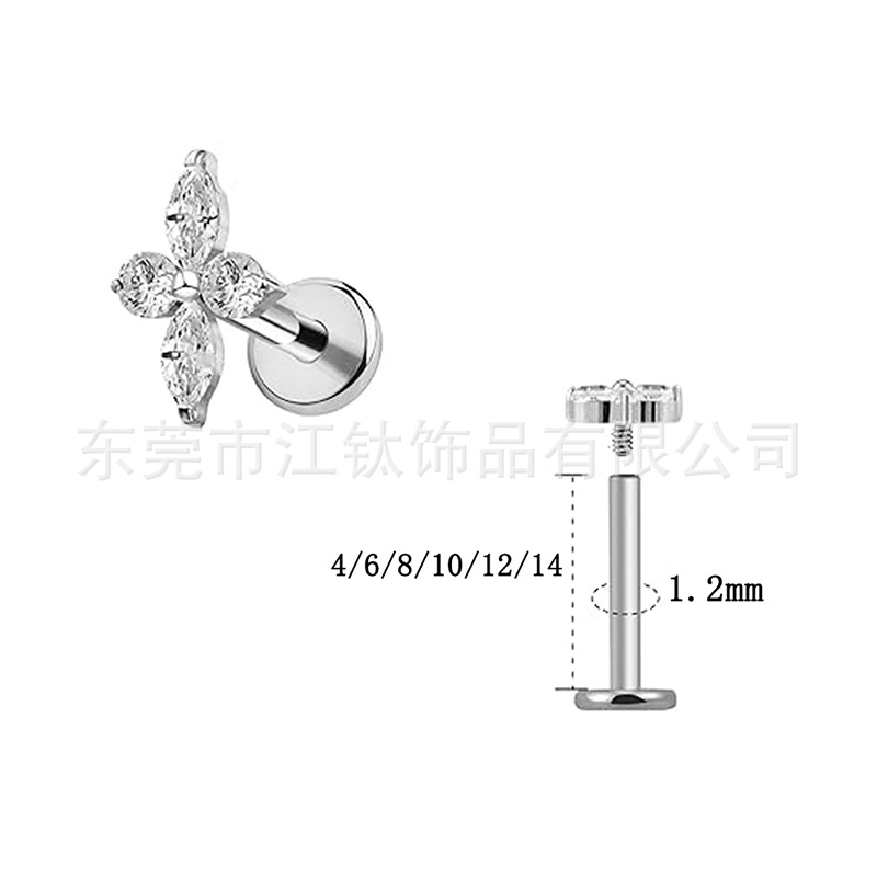 F136 Titanium Lip Labret Stud with Diamond CZ Four-Leaf Clover - G23 Titanium Body Piercing Jewelry - Image 2