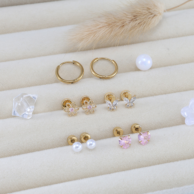 10-Piece Sweet Style Ear Stud Set - Flat Back Heart Butterfly Flower Ear Clips Stainless Steel - Image 4