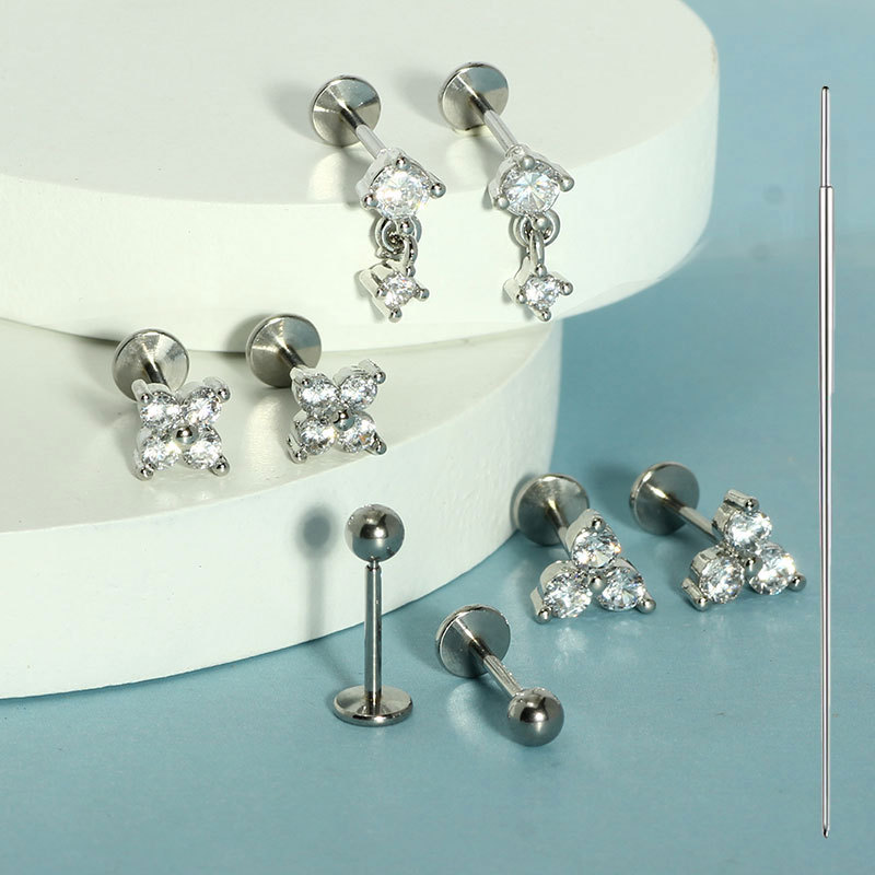 9-Piece Stainless Steel Lip Nail Earrings Set Insert Rod 6/7/8mm CZ Zircon Tongue Piercing Jewelry - Image 2