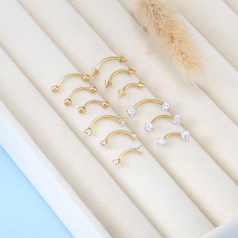 12pc Best-Selling Stainless Steel Eyebrow Studs Set with Pointed Cones, Round Balls & Zircon Inlays - Image 4