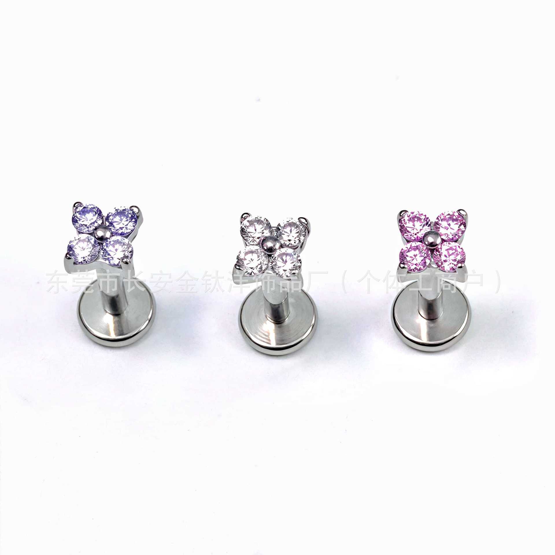 F136 Titanium Four-Leaf Clover Inlaid with 5A Zircon Lip Nail Earrings Ear Bone Nail G23 Titanium Alloy Ear Bone Piercing Jewelry - Image 2