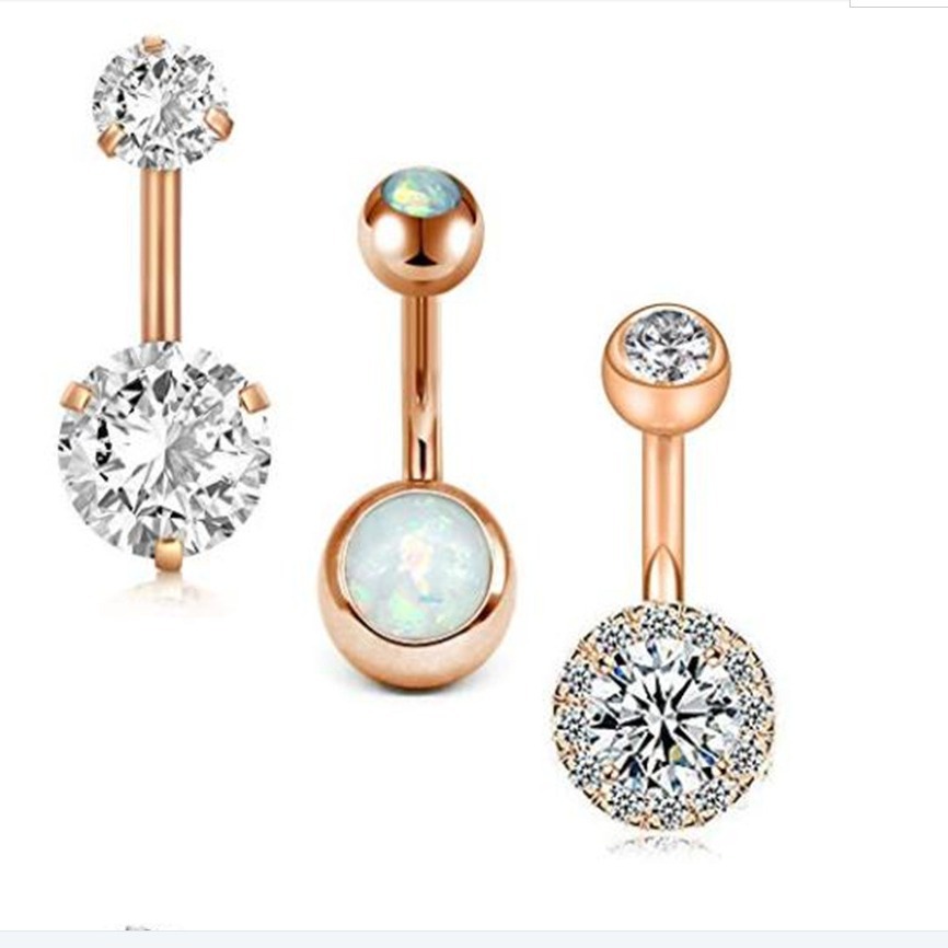 Europe-US Hot New Rose Gold Belly Button Ring Set: 3-Piece Gem Zircon Umbilical Piercing Jewelry - Image 2