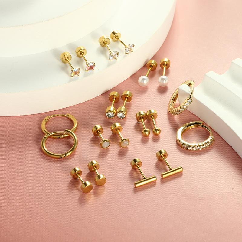 2024 Fashion Stainless Steel Round Zircon Earring Set Gold Flower Geometric Ear Jewelry - Image 3