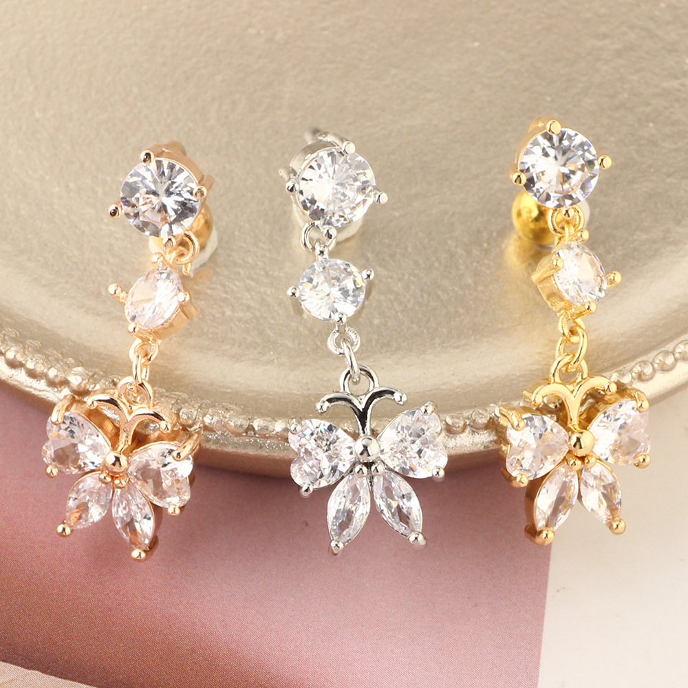 Butterfly Flower Zircon Navel Ring Stainless Steel Body Piercing Jewelry Rose Gold - Image 3