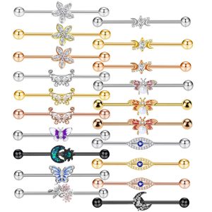 Butterfly Moon Ear Bar Piercing Earrings Zircon Stainless Steel Industrial Earrings