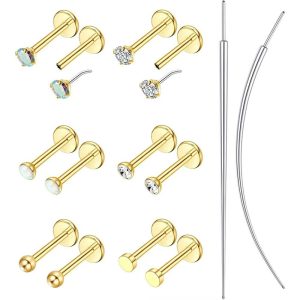 14-Piece Stainless Steel Pin-Style CZ Ear Bone Studs, Lip Labret and Nose Studs Body Piercing Jewelry Set