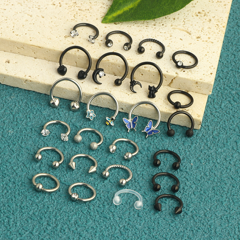 24 Pieces Stainless Steel Love Star Nose Ring Horseshoe Septum Earring Set Body Piercing Jewelry - Image 3