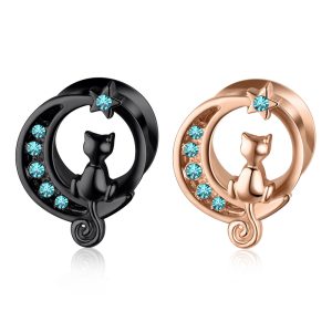 Rose Gold Stainless Steel Ear Expander with Diamond Cat Small Horn Cartilage Earring Jewelry