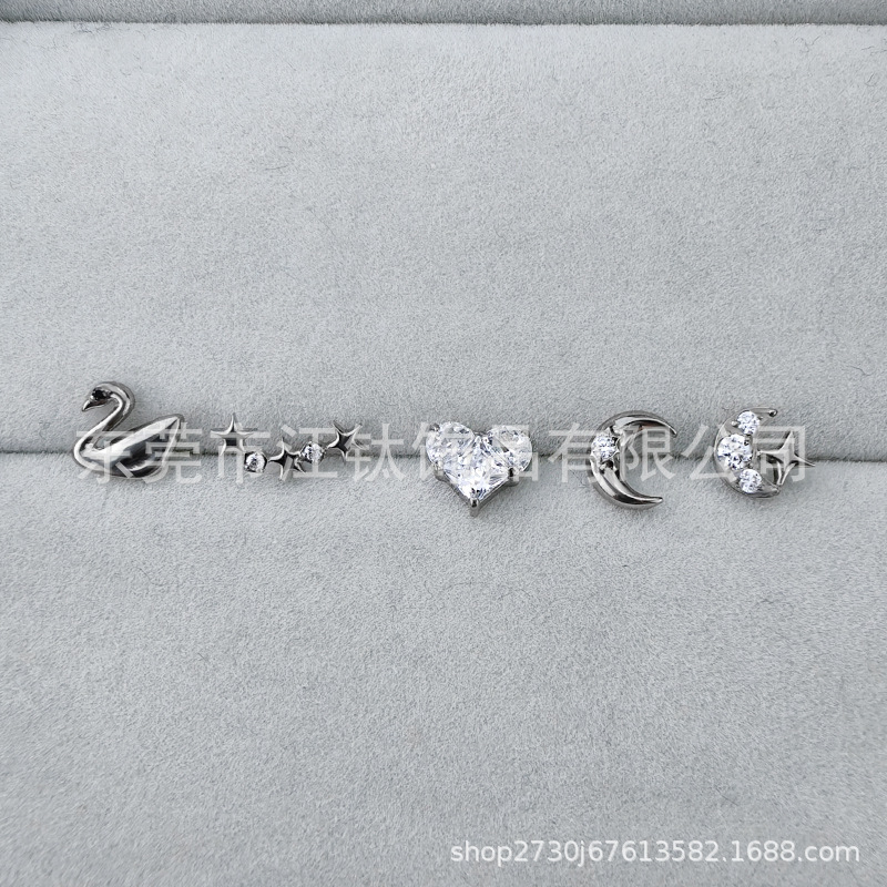 G23 Titanium Alloy Body Piercing Earrings - Star Moon Heart Design with Swan Motif - Gold CZ Ear Stud - Image 3