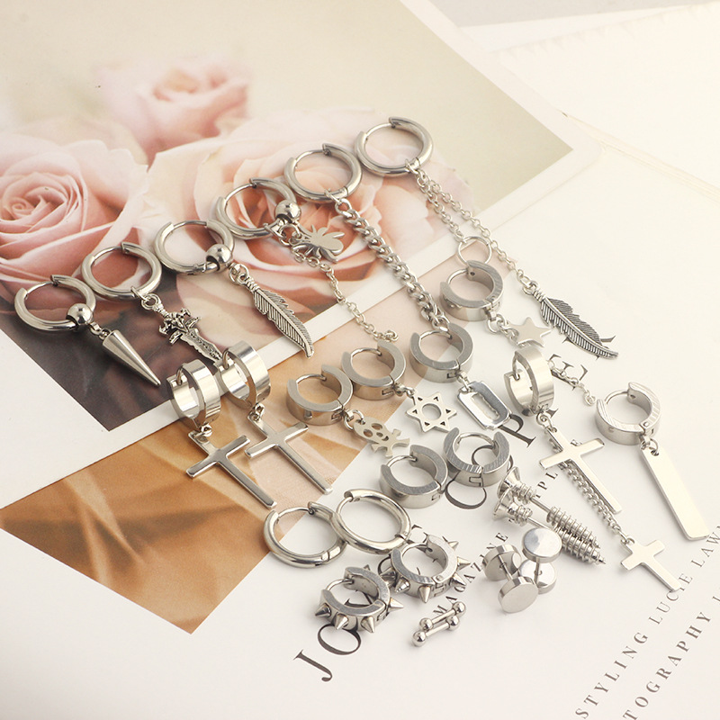 Stainless Steel Cross Hip Hop Earrings Set for Men - 26 Piece Fashion Earring Wholesale - Image 4