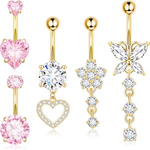 Heart-Shaped 5-Piece Belly Button Ring Set - Stainless Steel Zircon Navel Jewelry for Women