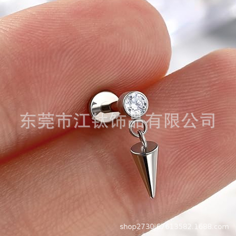F136 Titanium Stud Earrings Diamond-Embedded Sharp Cone Pendant Lip Nail Cross-Border G23 Titanium Alloy Body Piercing Ear Bone Nail - Image 4
