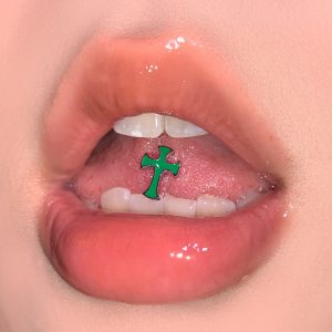 Sweet Green Cross Tongue Barbell 316L Surgical Steel External Thread Drinkable Tongue Piercing Jewelry