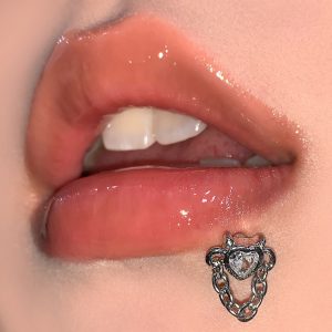 Heart Chain Lip Nail Zircon Design Outer Tooth Lip Piercing Jewelry 316L Surgical Steel Externally Threaded Labret Stud for Men Women