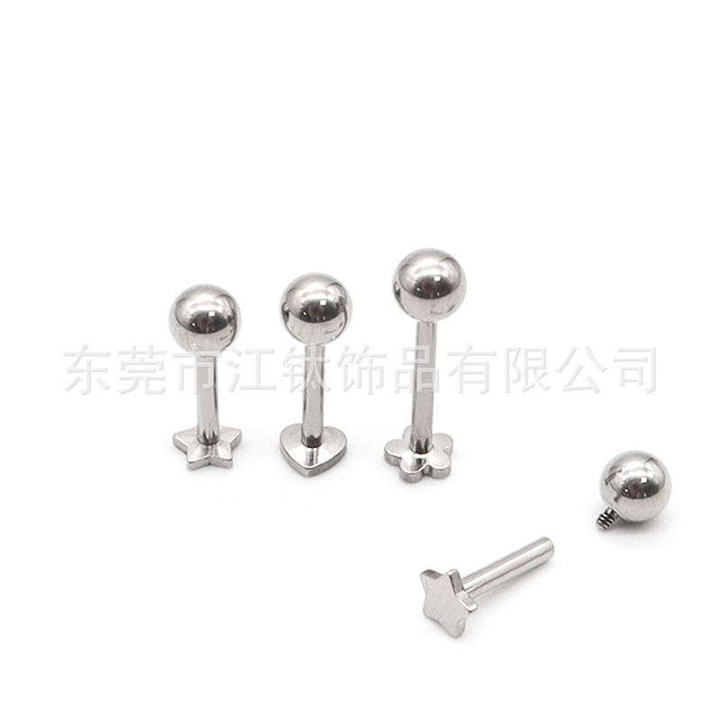 G23 Titanium Lip Labret Stud with Star and Heart Flower Base - Internal Thread Body Piercing Jewelry - Image 2