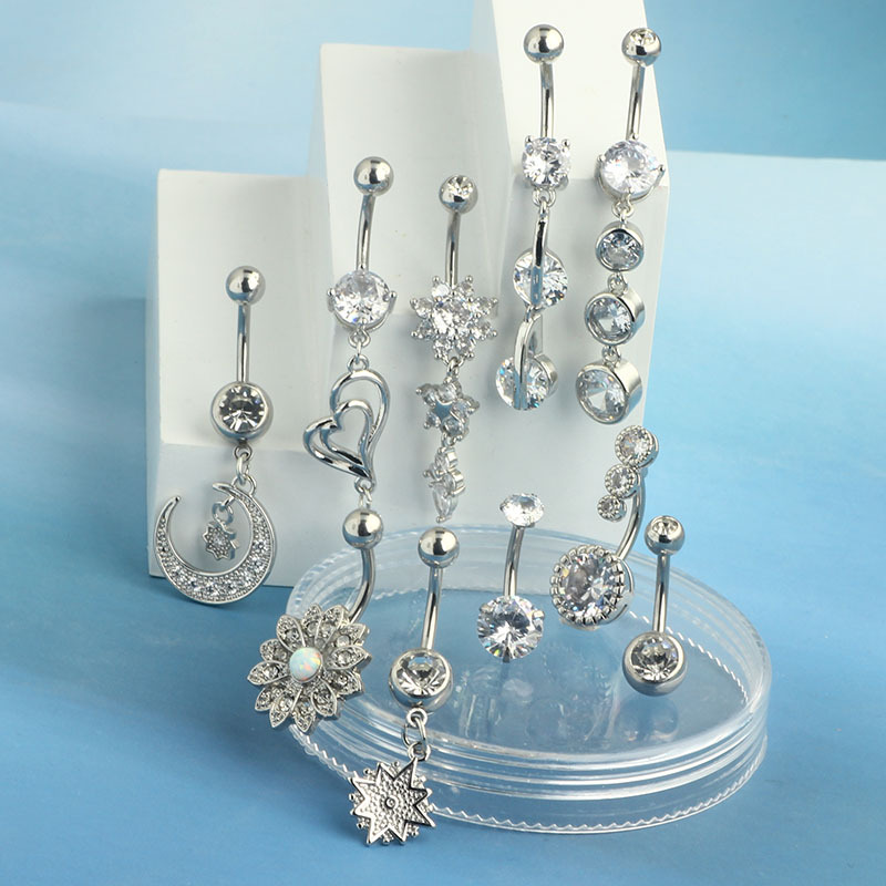 Amazon Hot Sale Love Moon Cubic Zirconia Navel Ring Stainless Steel Belly Button Jewelry 10-Piece Set - Image 3