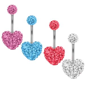 Shambhala Full Diamond Heart Belly Button Ring - 316L Surgical Steel Belly Piercing Jewelry for Women