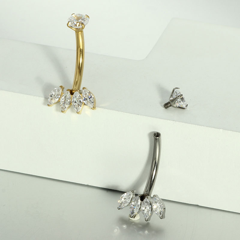 F136 Titanium Navel Ring with Four Marquise Zircon Stones, Internal Thread 14g Belly Button Ring, G23 Titanium Piercing Jewelry - Image 4