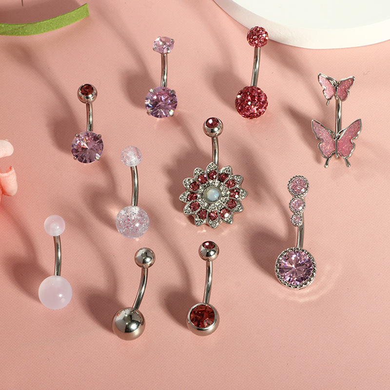 10-Piece Butterfly Diamond Pearl Shambhala Belly Ring Set - Stainless Steel Navel Piercing Jewelry - Image 3