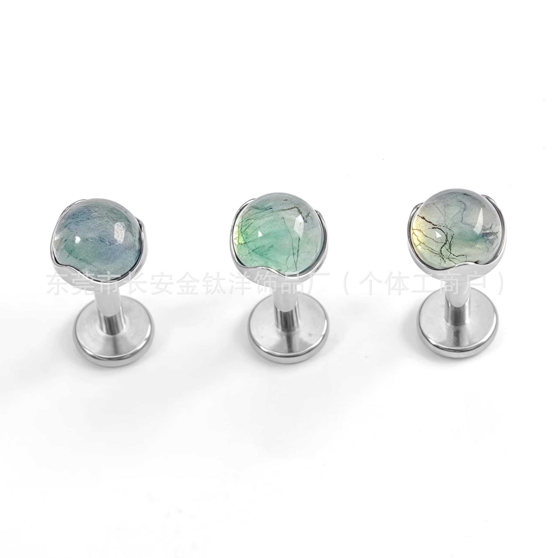 F136 Titanium Wave Edge Inlaid with Aquatic Agate Stone Lip Stud Nose Stud Ear Stud G23 Titanium Alloy Piercing Jewelry Ear Bone Stud - Image 2