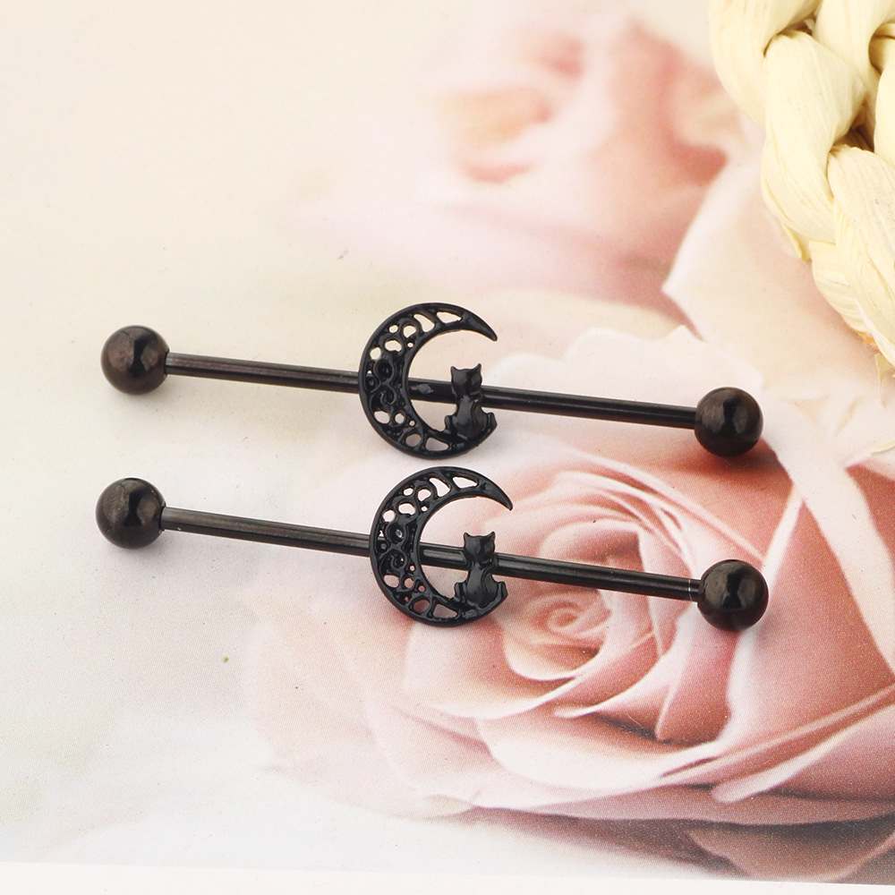 Black Cat Industrial Barbell Cross Bar Piercing Ear Jewelry - Cartilage Stud Earrings - Image 5