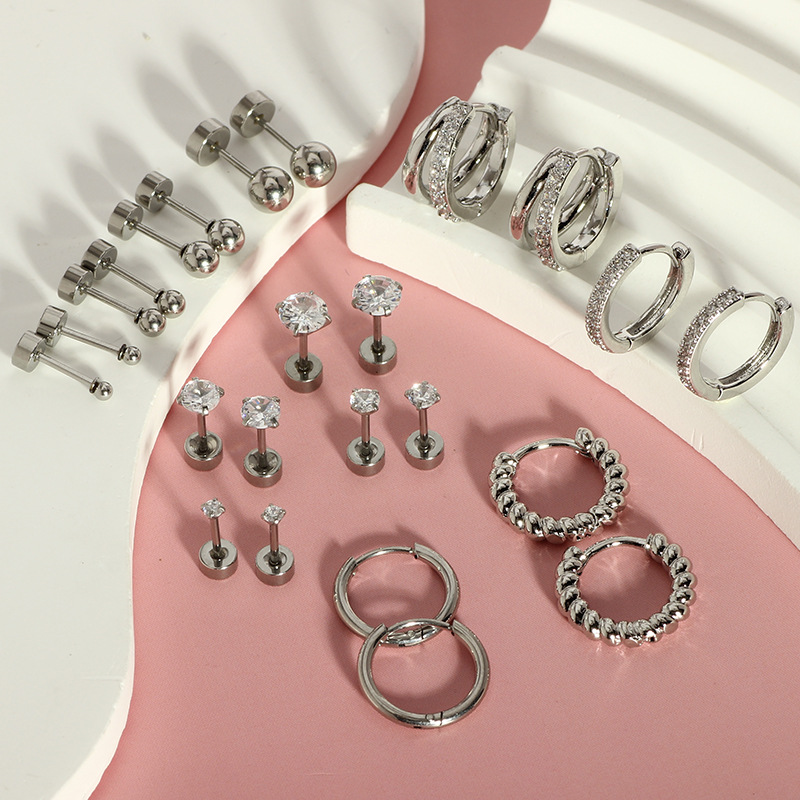 24-Piece Stainless Steel Earring Set - European & American Niche Fashion Earrings for Men and Women, Round Geometric Style, 2025 Summer Trend - Image 4
