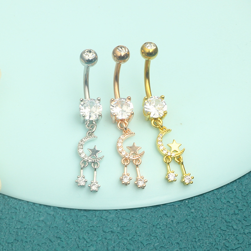 Star Moon CZ Stainless Steel Belly Button Ring Dangle Navel Piercing Jewelry Rose Gold - Image 3