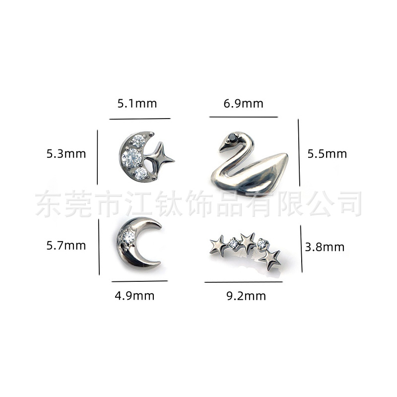 G23 Titanium Alloy Body Piercing Earrings - Star Moon Heart Design with Swan Motif - Gold CZ Ear Stud - Image 5