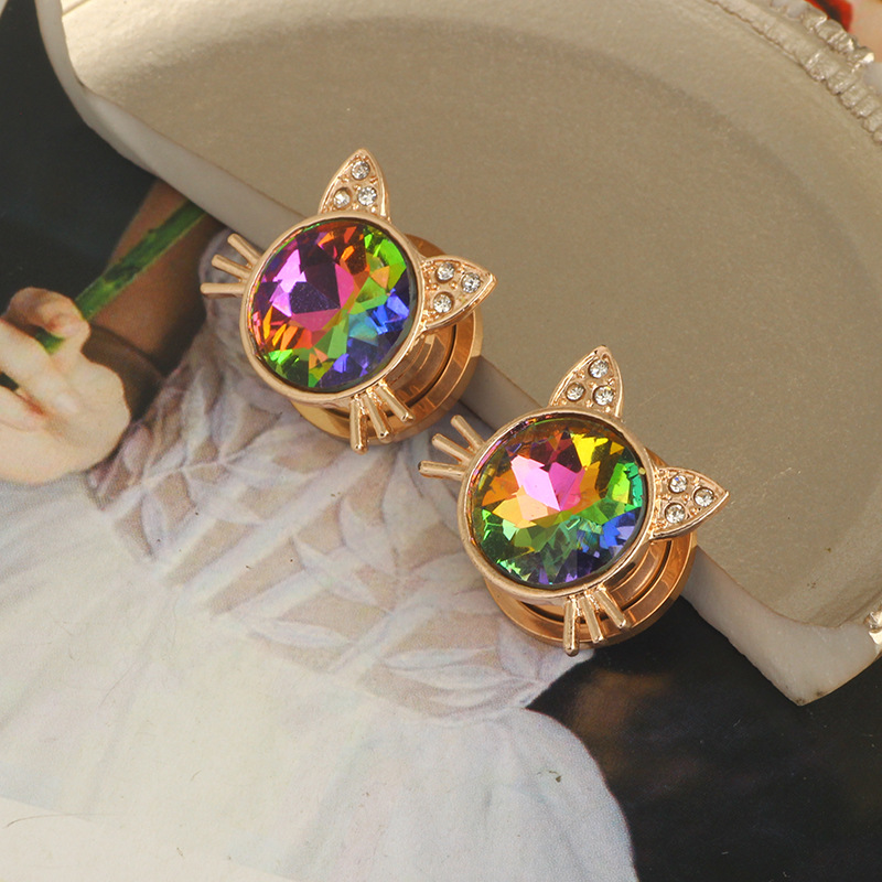 Cross-border Stainless Steel Cat Head Piercing Ear Hole Tool Punk Crystal Earrings - Image 3