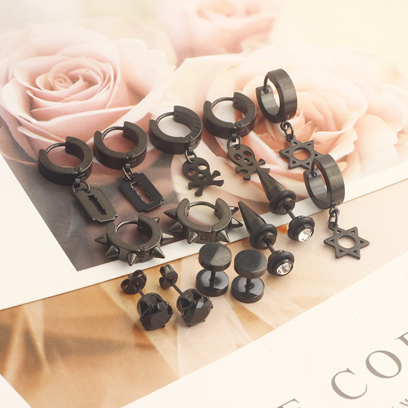 7 Pair Black Silver Zircon Earrings Round Barbell Earrings Men's Personality Cross-border Amazon Set - Image 2