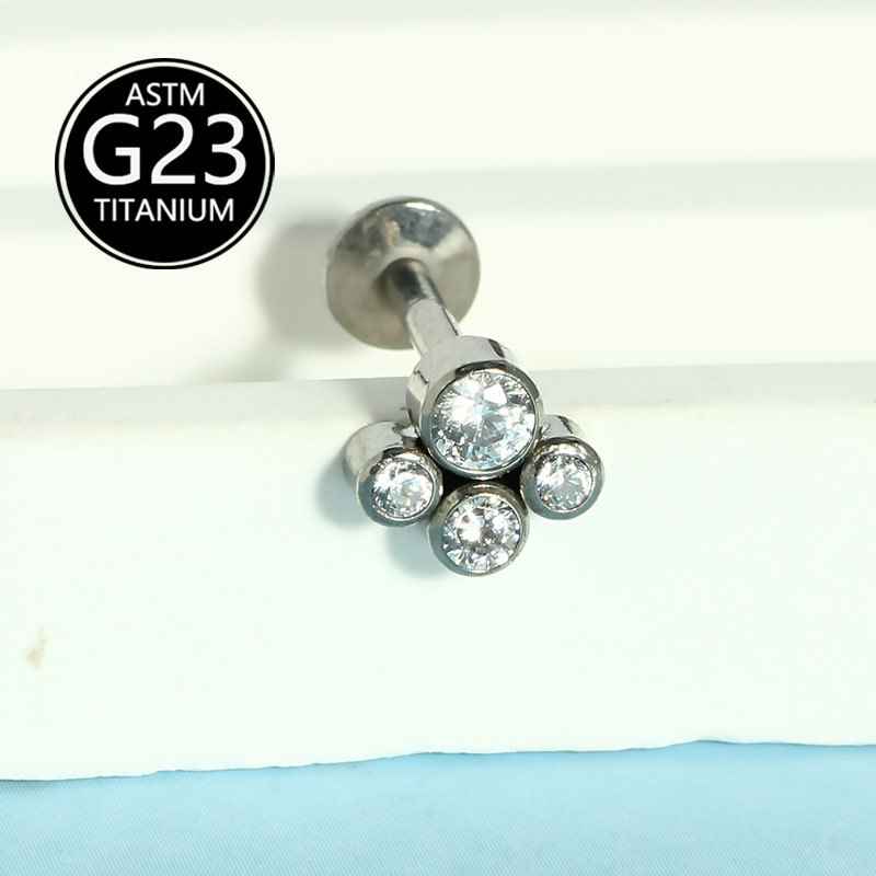 G23 Titanium Alloy F136 Internal Thread Lip Stud Micro Paved Zircon Welded Four Small Ball Titanium Earring - Image 5