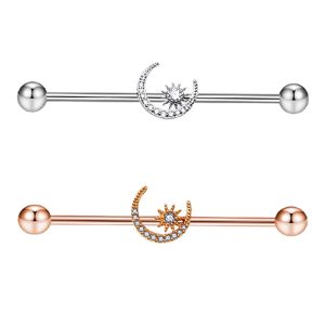 Long Row Diamond Moon Star Industrial Earring - Rose Gold Stainless Steel Cartilage Stud Ear Piercing Jewelry