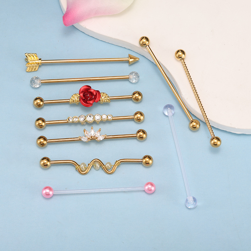 10-Piece 14G Stainless Steel Industrial Ear Studs Set - Gold Straight Bar with Zircon Flower Long Bar Ear Bridge Studs for Helix Piercing - Image 2