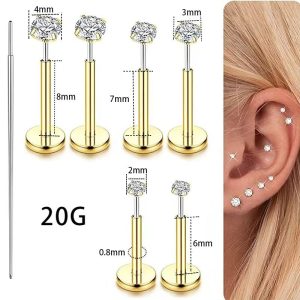 Stainless Steel Classic Basic Zircon-Inlaid Barbell Nose Stud Lip Stud Ear Cartilage Stud 20G Piercing Jewelry
