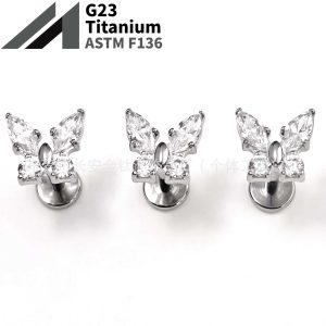 Titanium Internal Thread Butterfly Zircon Lip Nail Earrings - 1.2x12mm G23 Alloy Piercing Jewelry