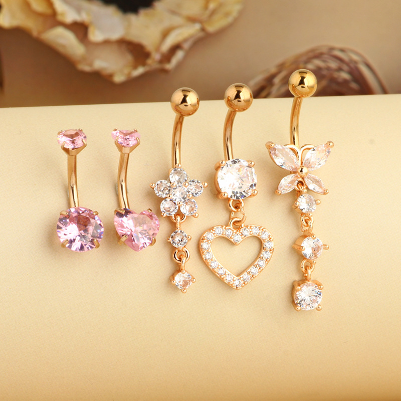 Amazon Hot Pink 5-Piece Set Stainless Steel Zircon Belly Button Ring Nail Rose Gold Love Combination - Image 4