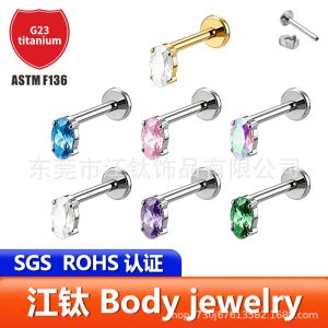 G23 Titanium Alloy Oval Zircon Ear Bone Studs Fashion Ear Piercing Jewelry for Men Women