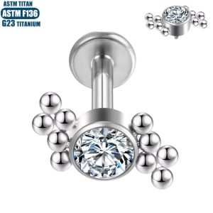 Silver Zircon Bead Cluster Thread Inner Teeth Lip Stud - F136 Titanium Small Earrings Body Piercing Jewelry