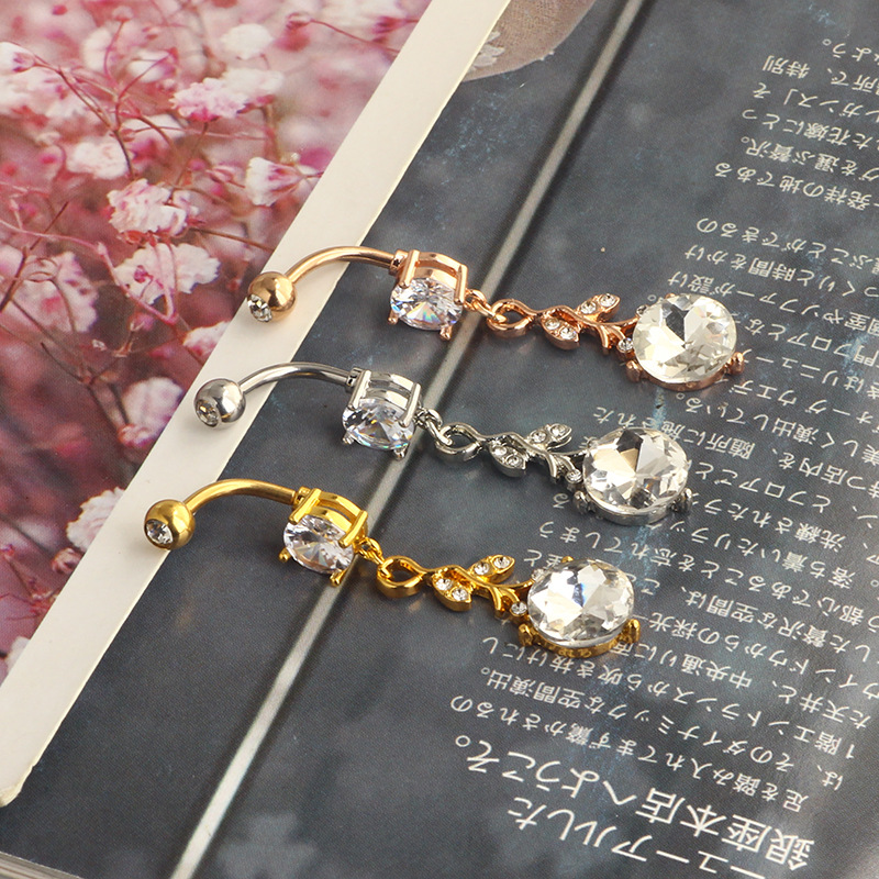 New Leaves Zircon Navel Ring Belly Button Piercing Jewelry 3 Colors Rose Gold Stainless Steel - Image 5