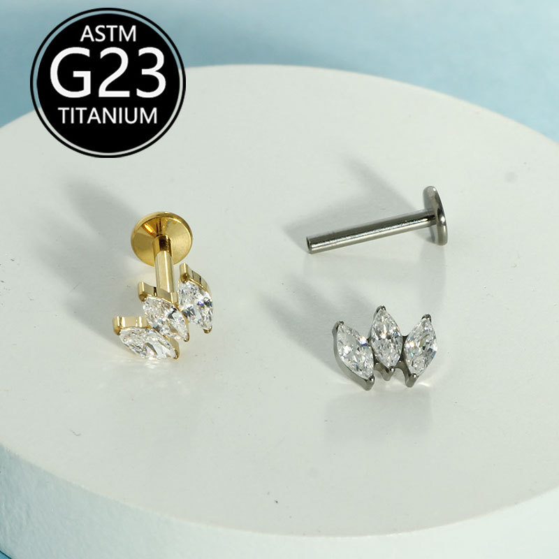 F136 Titanium Three Marquise Diamond Super Flash Zircon Earrings Lip Nails Cross Border G23 Titanium Body Piercing Jewelry - Image 2
